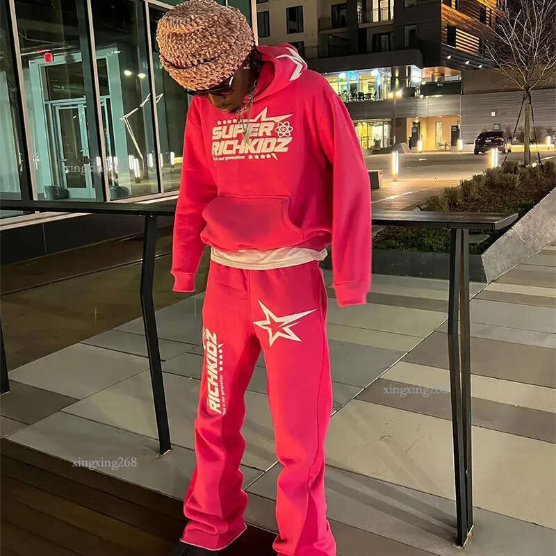 Trendy Men's Sportswear Star Letter Print High Street Hip Hop Men's Sports Casual Hoodie Flared Sweatpants Two Piece Set Streewear