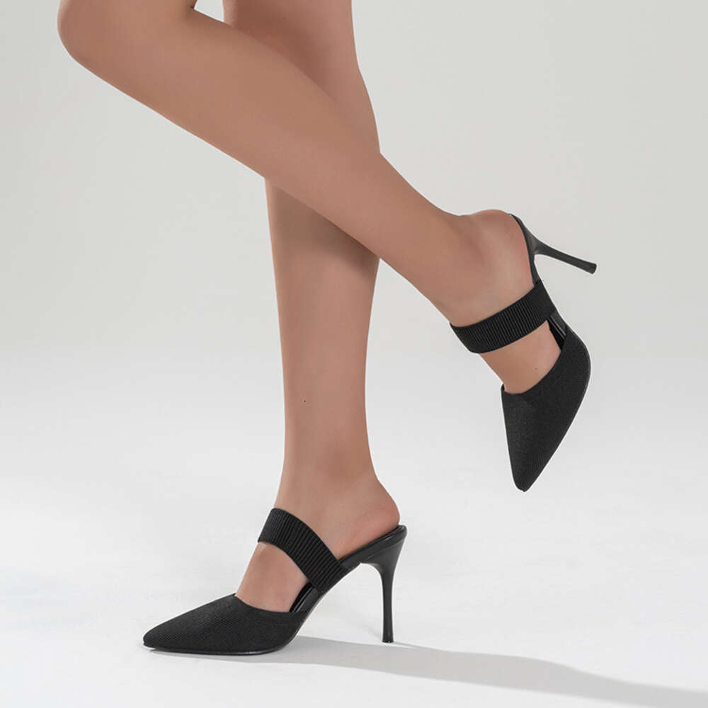 New European and American Style Fashionable and Minimalist Flying Weaving Tuo Tou Tuo Pointed One line Slim Heel High Heel Women's Slippers and S