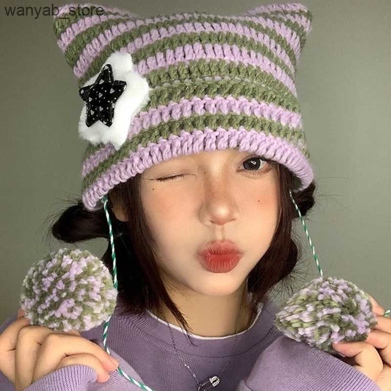 Wide Brim Hats Bucket Hats Cute Ear Knitted Hat For Women Winter Warm Pullover Cap Plush Ball Striped Sweater Beanie Korean Girl Star Woolen Crochet B