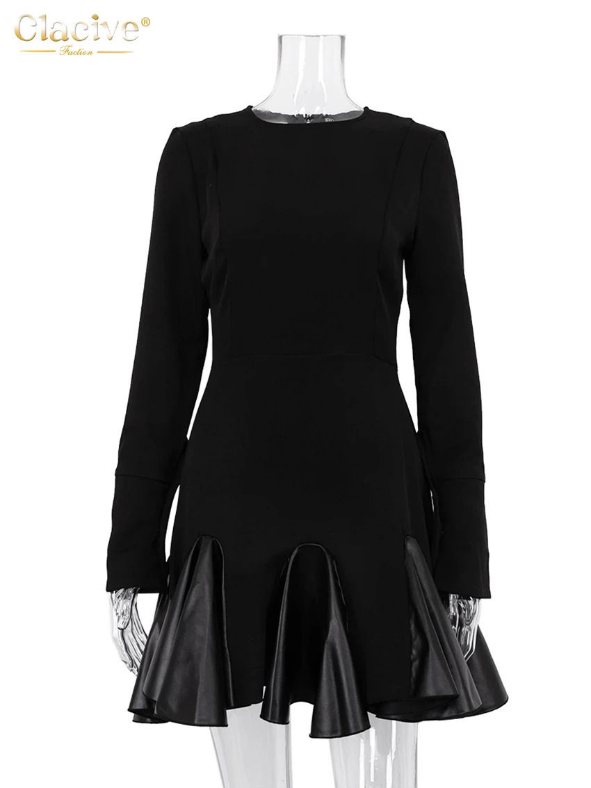 Clacive Bodycon Black Knitted Women Dress Fashion O-Neck Long Sleeve Office Mini Dresses Elegnat Patchwork Pleated Female Dress 241031
