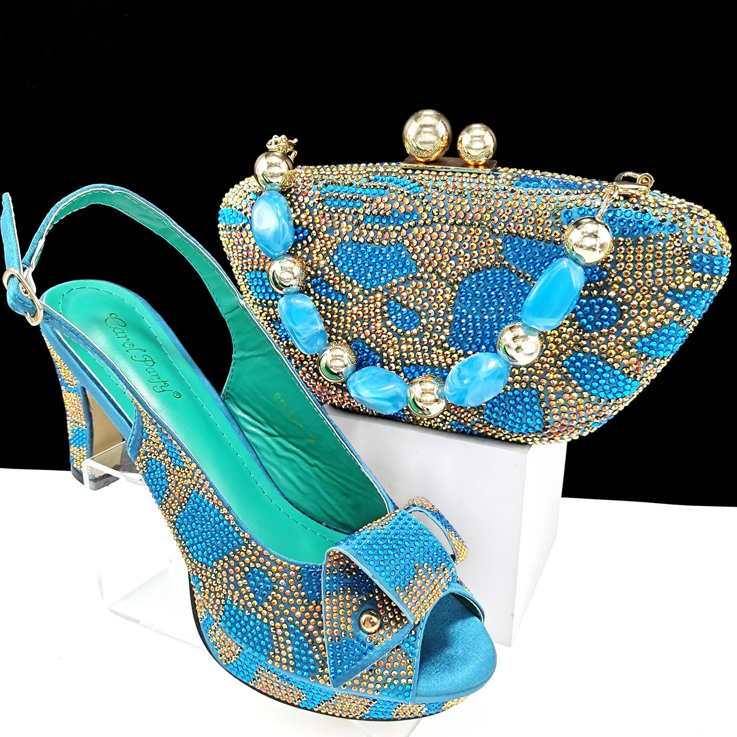 Gold Pointed Toe High Heels for Women Mixed Rhies Pumps Italian Shoes and Bags Matching Set For Elegant Party 38-43 250228