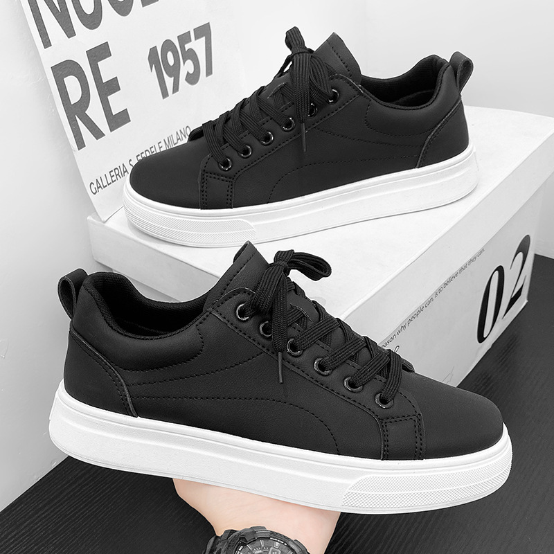 Men Casual Shoes PU Leather Black White Non-Slip Lace Up Fashionable Comfortable Sports Platform Sneaker