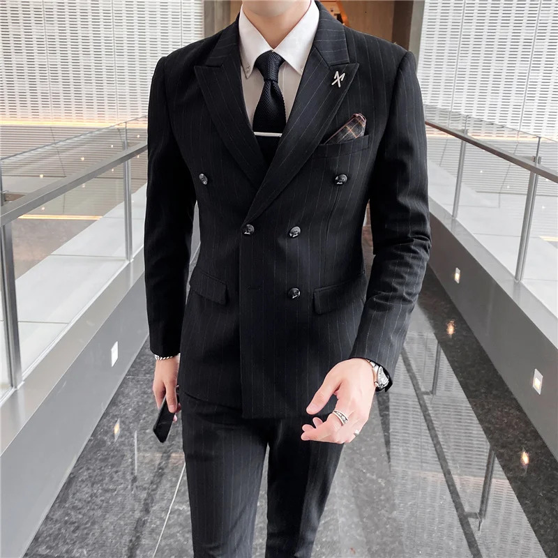 ( Blazer Vest + Pants ) Fashion Striped Formal Business Double-Breasted Men's Casual Suit Groom's Wedding Dress Party Tuxedo