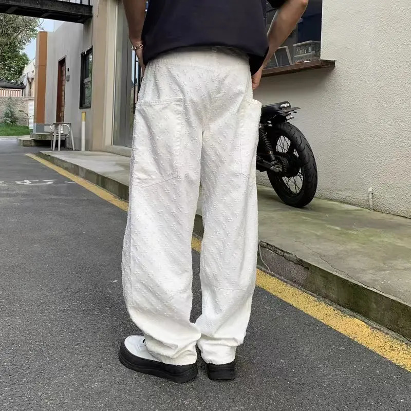 Vintage Jacquard Jeans Mens Street American Straight Wide-leg Jeans Y2K Fashion Black Pantalones Hombre Streetwear Loose Pants 241031