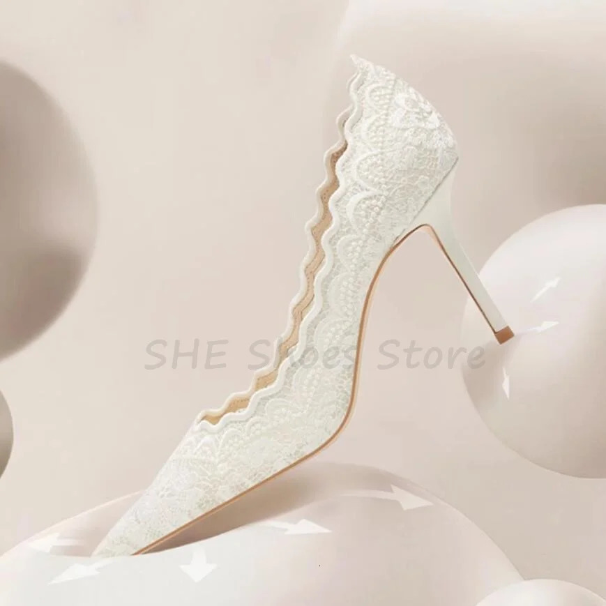 White Embroidered Lace Pumps for Women Summer Breathable Wedding Bride Shoes Pointed Toe Thin Hight Heel Shallow Ladies Sandals 241031