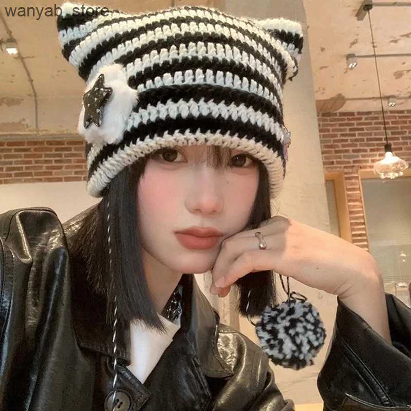 Wide Brim Hats Bucket Hats Cute Ear Knitted Hat For Women Winter Warm Pullover Cap Plush Ball Striped Sweater Beanie Korean Girl Star Woolen Crochet B