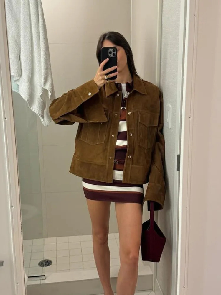 Single Chest Suede Jacket Retro Solid Collar Full Sleeve Pocket Short Womens Fashion Coat 241031