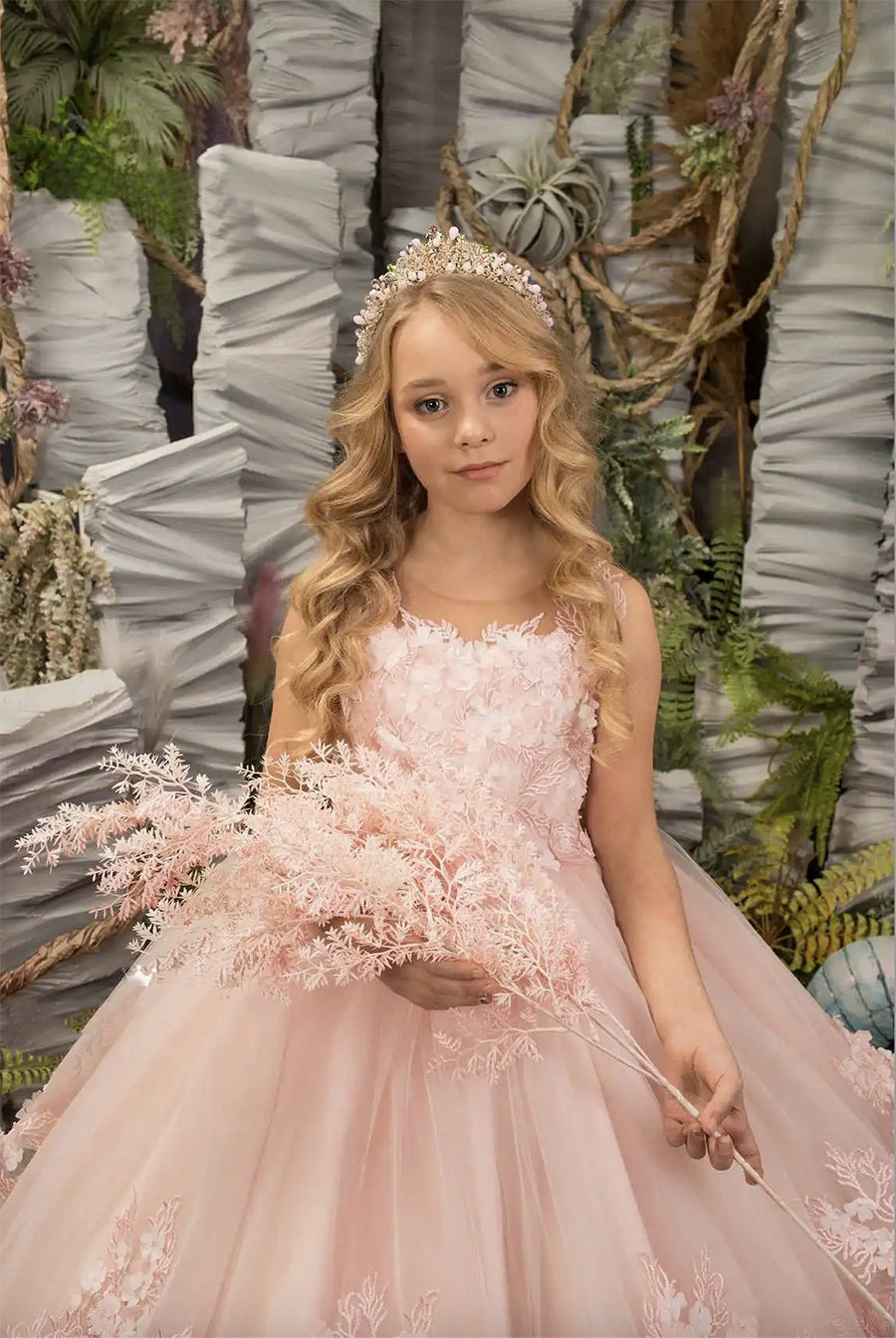 Pink Floral Lace Flower Dresses Fluffy Princess Tiered Pageant Kids Birthday Ball Gown Child Girl Evening Dress 0509