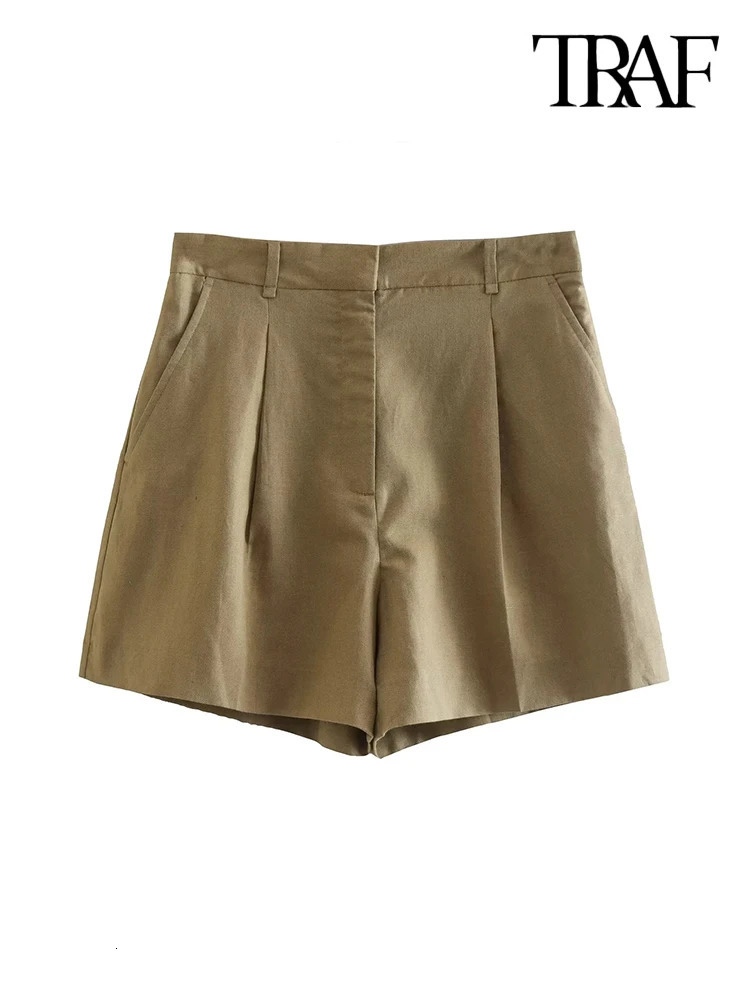 TRAF Women Fashion With Pockets Front Pleats Linen Blend Shorts Vintage High Waist Zipper Fly Female Short Pants Mujer 240325