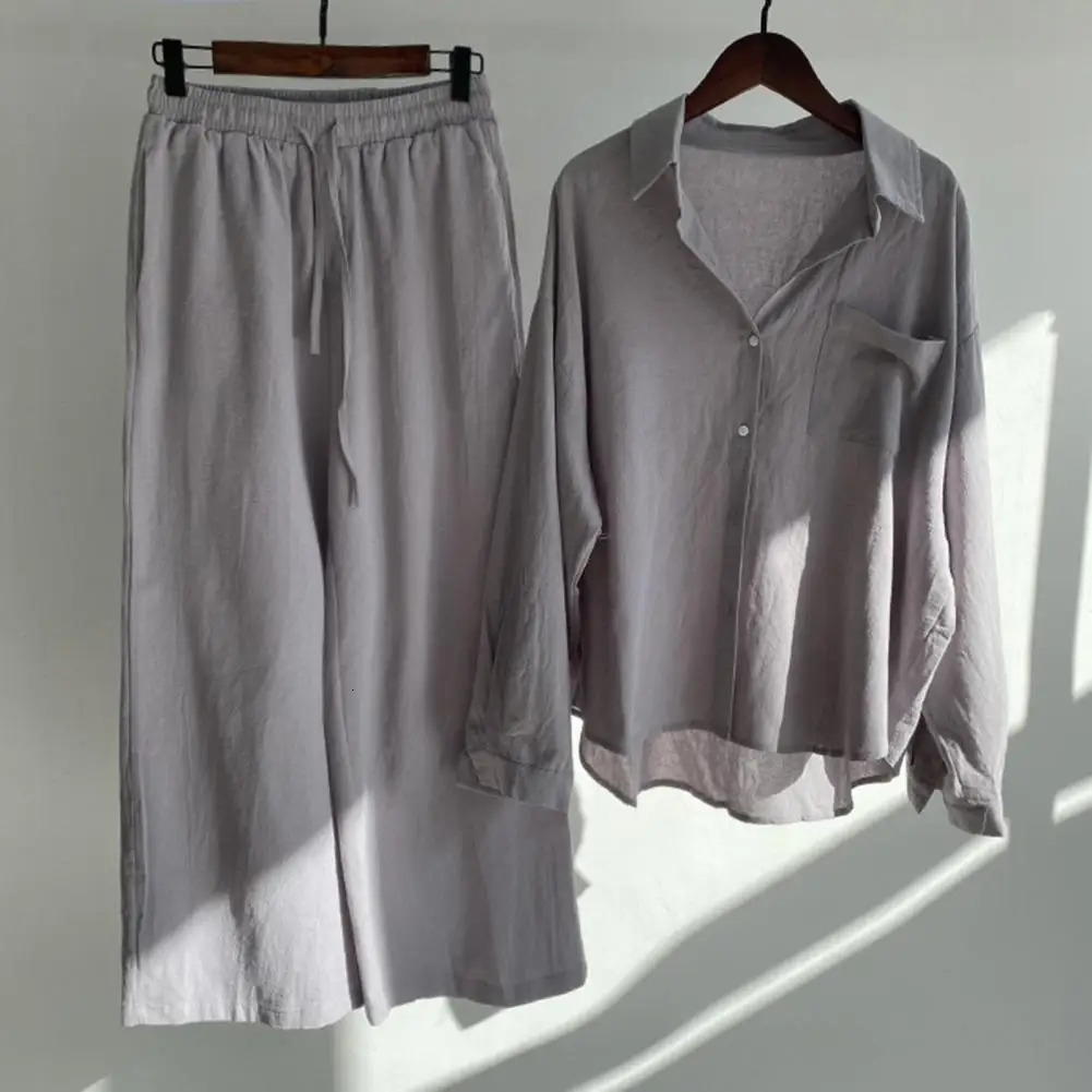 2 PcsSet Fabulous Women Blouse Trousers Set Turndown Collar Tops Pants Suit Drawstring Two Pieces 240329
