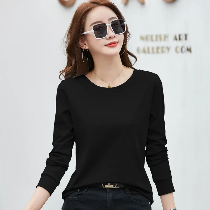 Long sleeved round neck womens T-shirt solid color casual womens bottom shirt womens cotton T-shirt clothing wholesale 241031