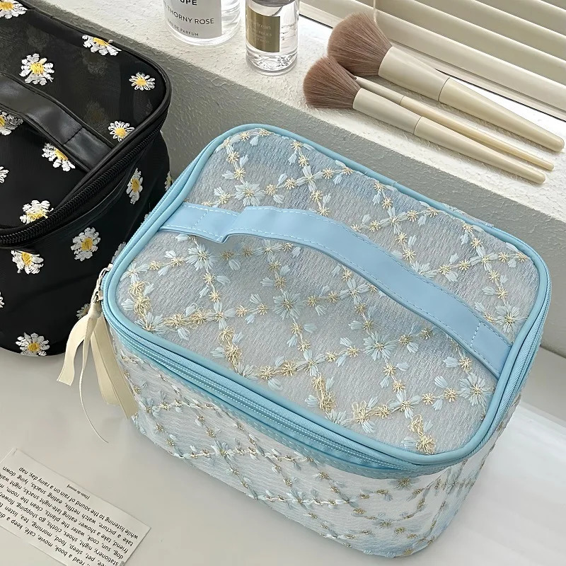 Floral Embroidery Makeup Bag Zipper Large Mesh Makeup Bag Womens Travel Makeup Bag 241031