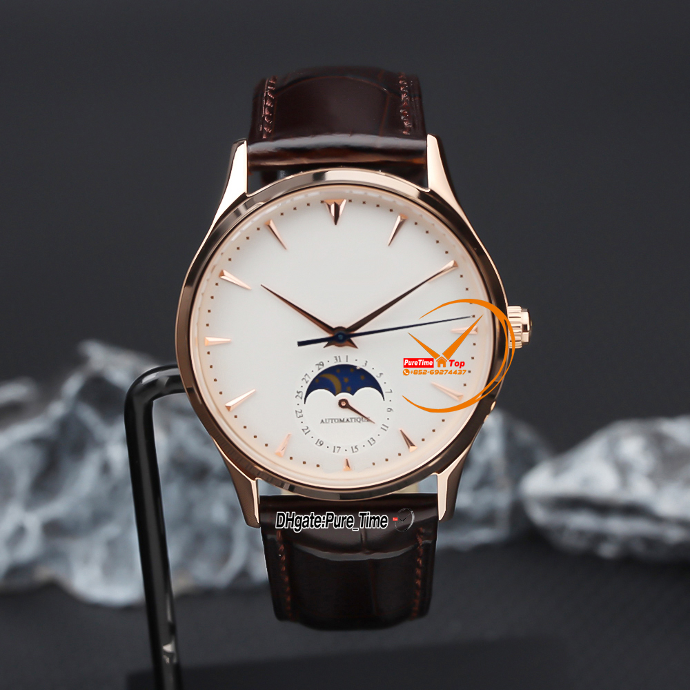New 39mm Master Ultra Thin 1362520 Q1362520 A2813 Automatic Mens Watch White Dial Phase Moon Rose Gold Case Brown Leather Strap Watches Pure_Time Z06A