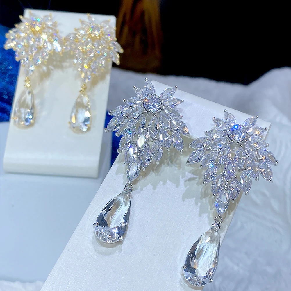 Gold and Silver African Nigeria Cubic Zirconia Long Water Drop Pendant Wedding Party Earrings 241031