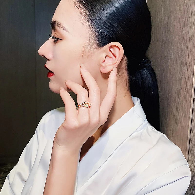 Koreas fashion jewelry 14K gold plated simple double love crystal ring elegant womens daily opening accessories 241031