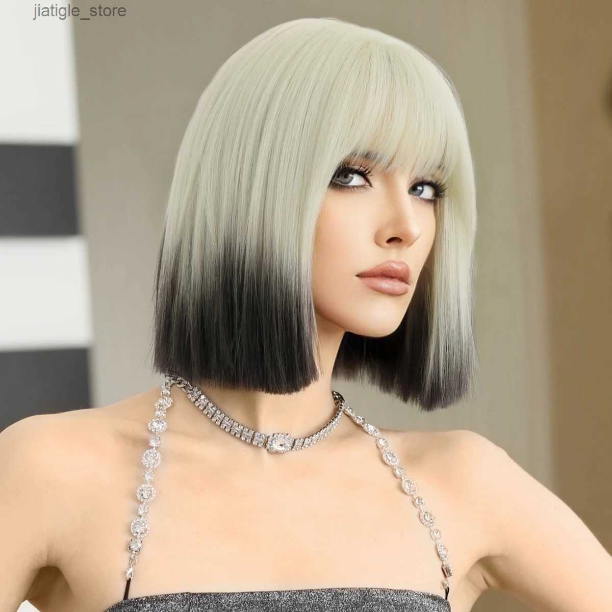 Synthetic Wigs NAMM Short Beige Wigs With Bangs Natural Synthetic Hair Wig for Women Daily Cosplay Lolita Party Hair Tail Dyed Black Wig Y240401