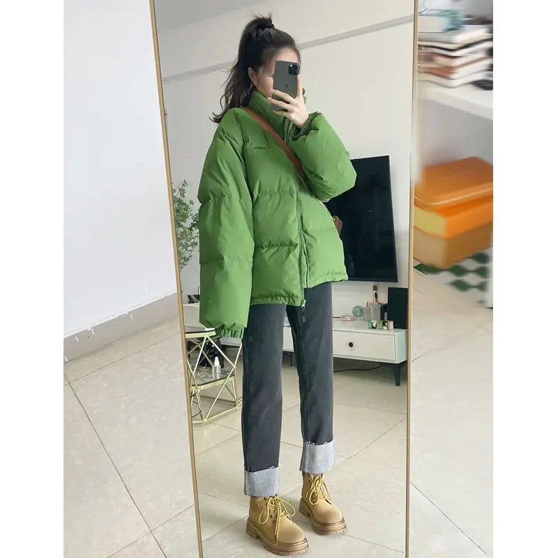 Winter Fashion Stand Collar Long Sleeve Solid Parkas Womens Clothing Korean Loose Warm Thicken All-match Zipper Vintage Top 241031