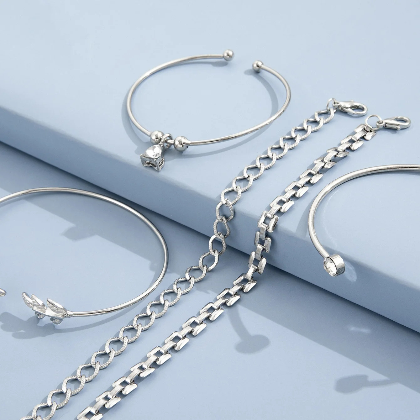 Bohemian Silver Color Geometric Link Chain Bracelet Set For Women Crystal Leaf Open Cuff Bangle Female Boho Jewelry Accessory 241031