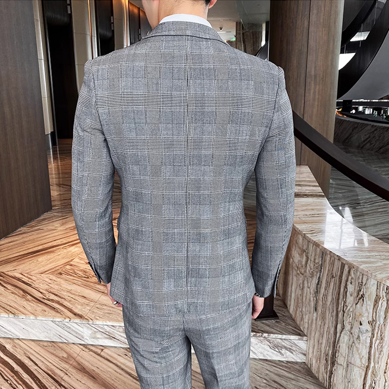 Jacket Vest Pants Spring Autumn Thick Houndstooth Plaid Formal Business Men's Groom Wedding Dress Stage Slim Suit
