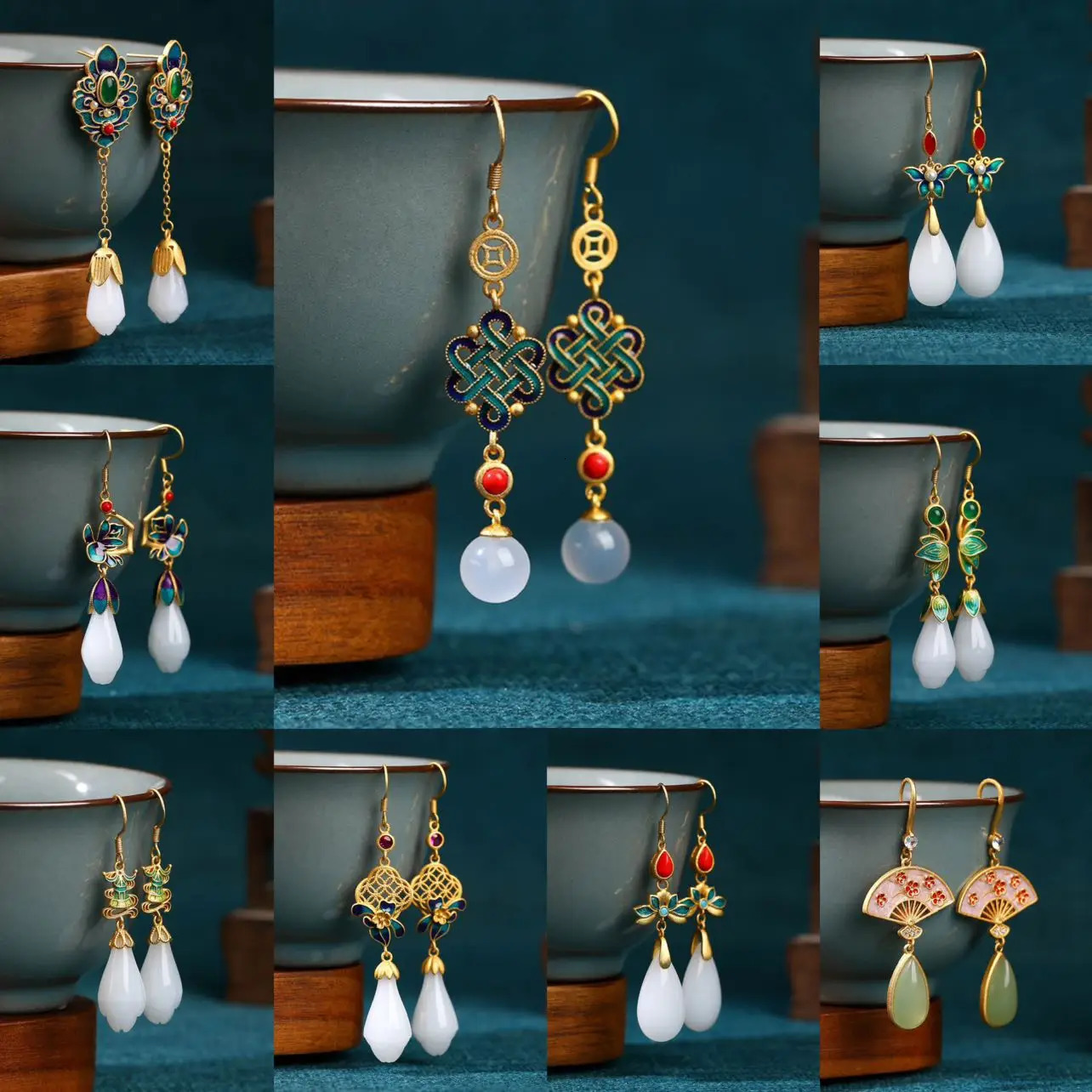 Vintage flower shaped jade pendant earrings suitable for womens traditional Chinese enamel jewelry charm n elegant and creative gifts 241031