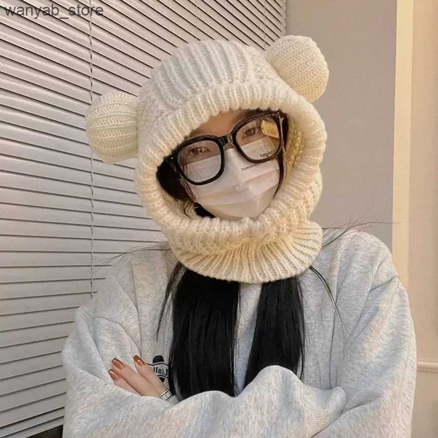 Wide Brim Hats Bucket Hats NEW Lovely Womens Fashion Knitted Hat Caps Cute Bear Ears Adult Soft Plush Thickened Outdoor Ear Protection Warm Hat Female