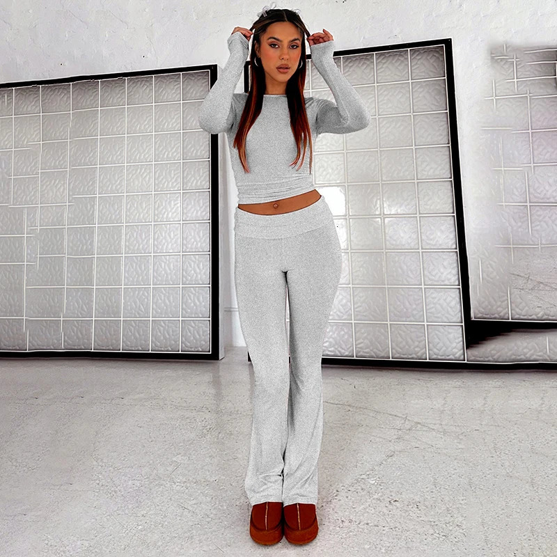 CUTENOVA WomenS Spring Casual 2 Piece Outfits Long Sleeve Crew Neck Crop Tops And Low Waist Flare Pants Lounge Sets Track 241031