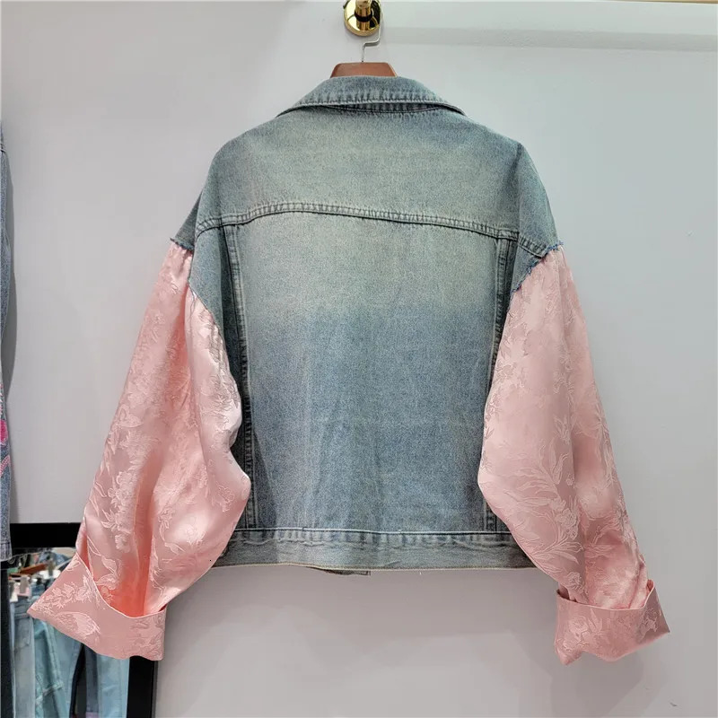 Vintage Frayed Big Pocket Embroidery Splice Denim Jacket Women Loose Short Cowboy Outerwear Long Sleeve Jeans Jacket Coat Female 241031