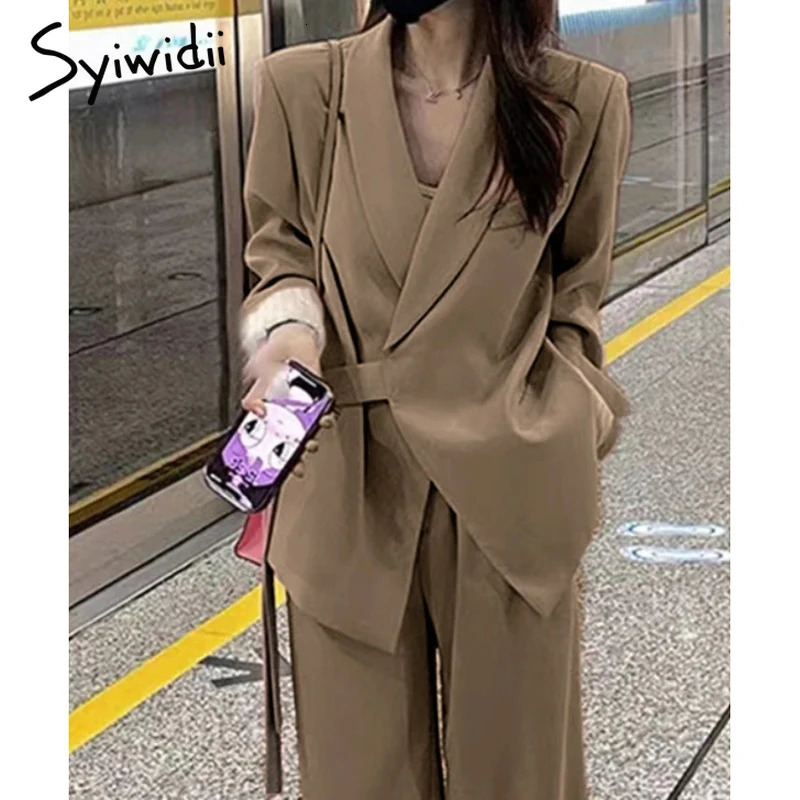 Syiwidii Elegant Suit Set Women Chic Asymmetrical Lace Up Blazer Straight Pants Temperament Commuting 2 Piece Woman Clothes 241031