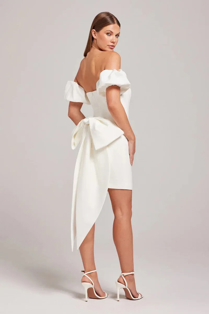 Modern Satin Sheath Wedding Dresses With Removabla Bow Ribbon Puff Short Sleeves Bridal Gowns Mini Little White Dress Brides Second R