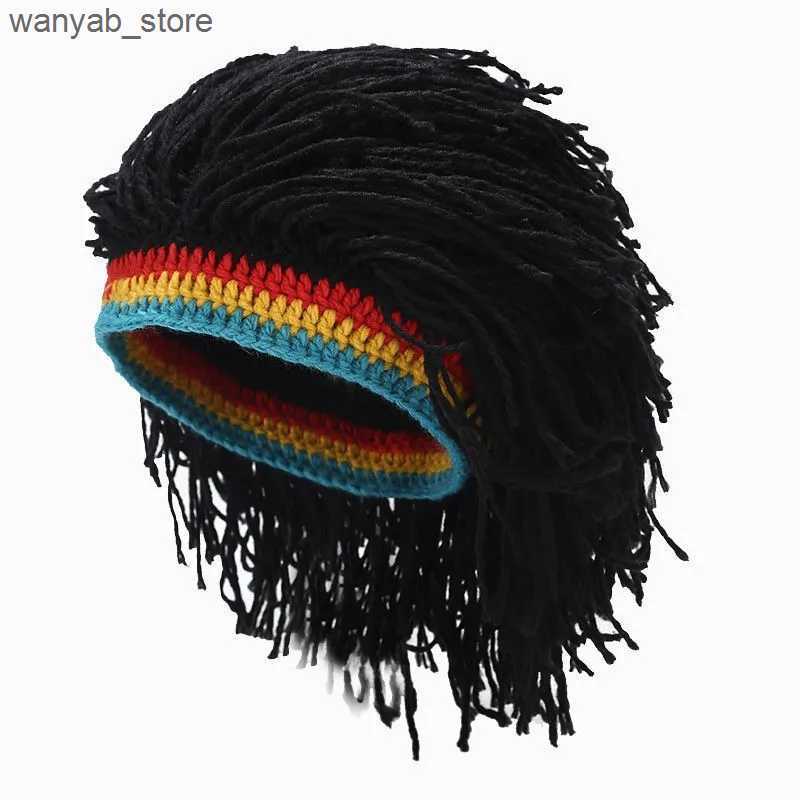 Wide Brim Hats Bucket Hats Rasta Wig Beanie Men Hip Hop Caps Woolen Handmade Crochet Hat Gorro Halloween Xmas Birthday Gifts Funny Party braid Wig L24