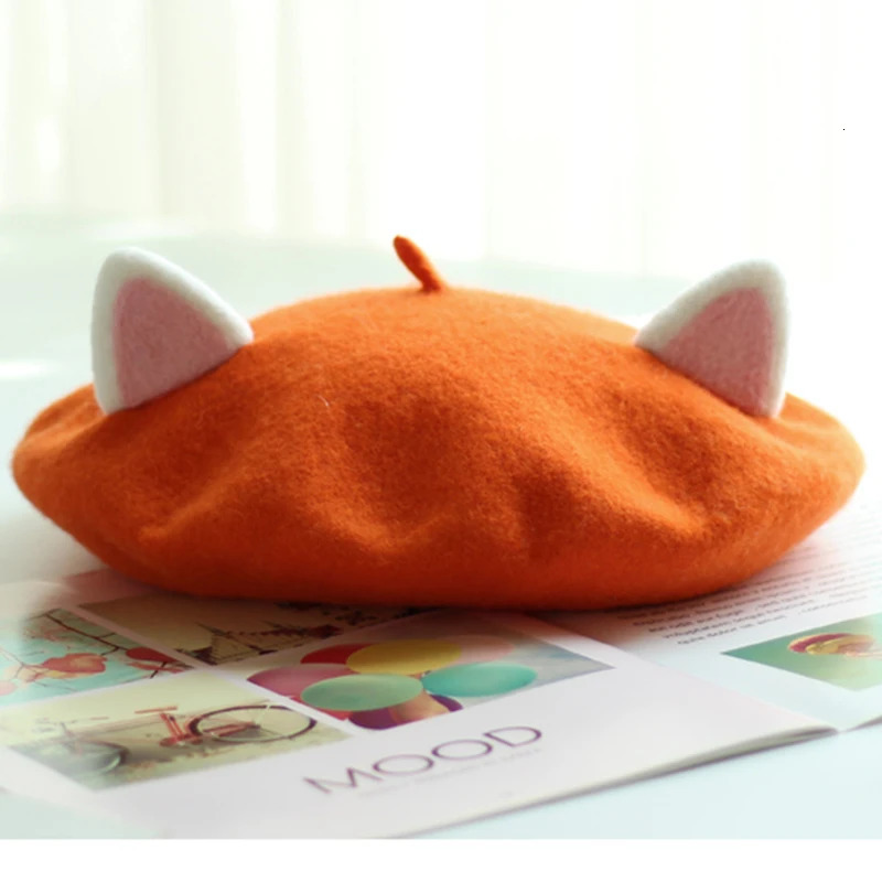 VISROVER Unisex Kid Beret Cute Cat Shape Hat Winter Cap Autumn Punk Rabbit Solid Children Wholesale Gift 241031