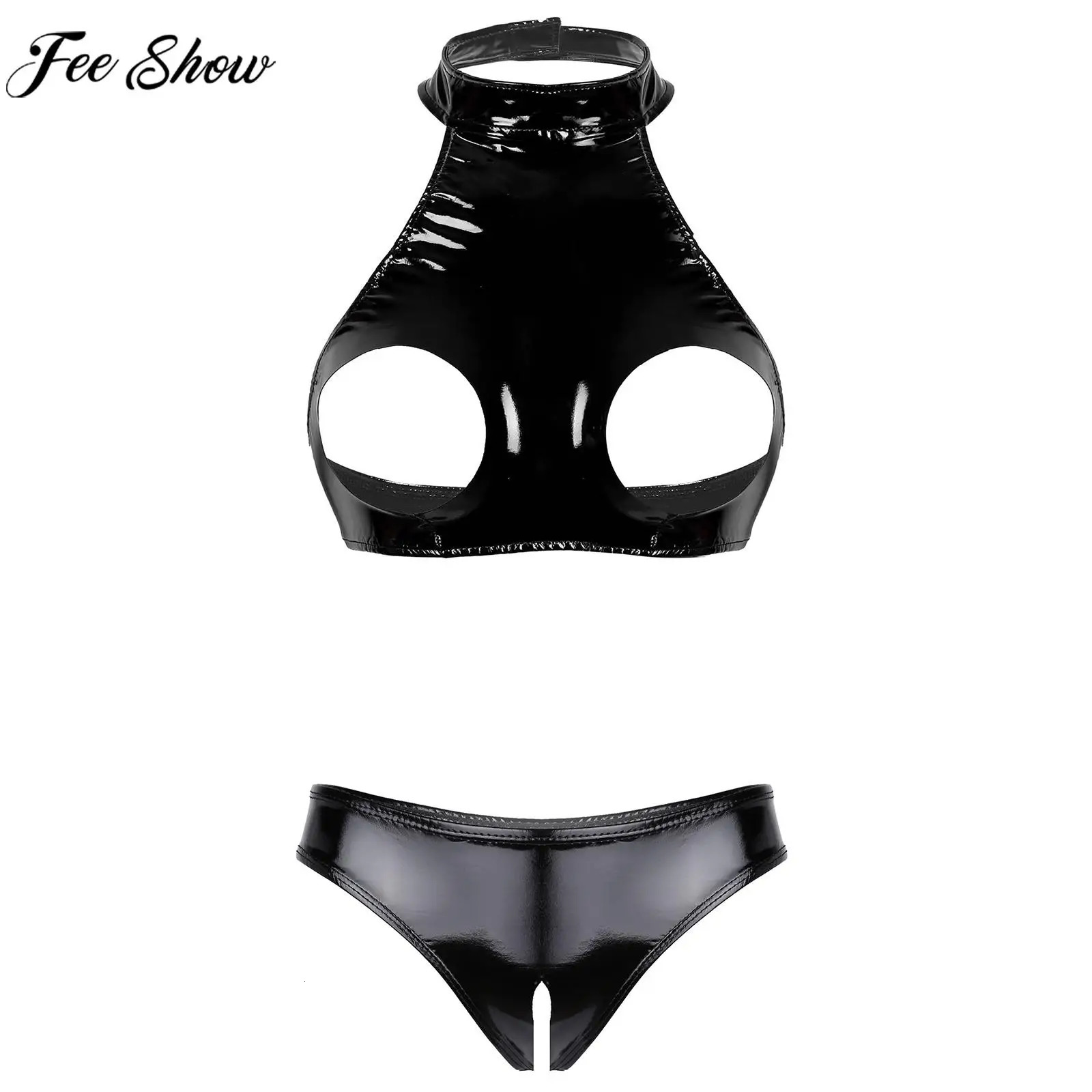 Womens Sexy Bare Chested Lingerie Set Patent Leather Underwear Suit Open Cups Bra Tops with Crotchless Briefs Nightwear Clubwear 241031