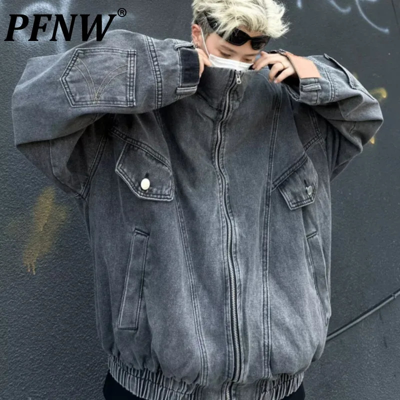 PFNW Washed Inverted Denim Jacket American Vintage Workwear Zipper Lapel Mens Trendy Oversize Coat Autumn 12C1140 241031