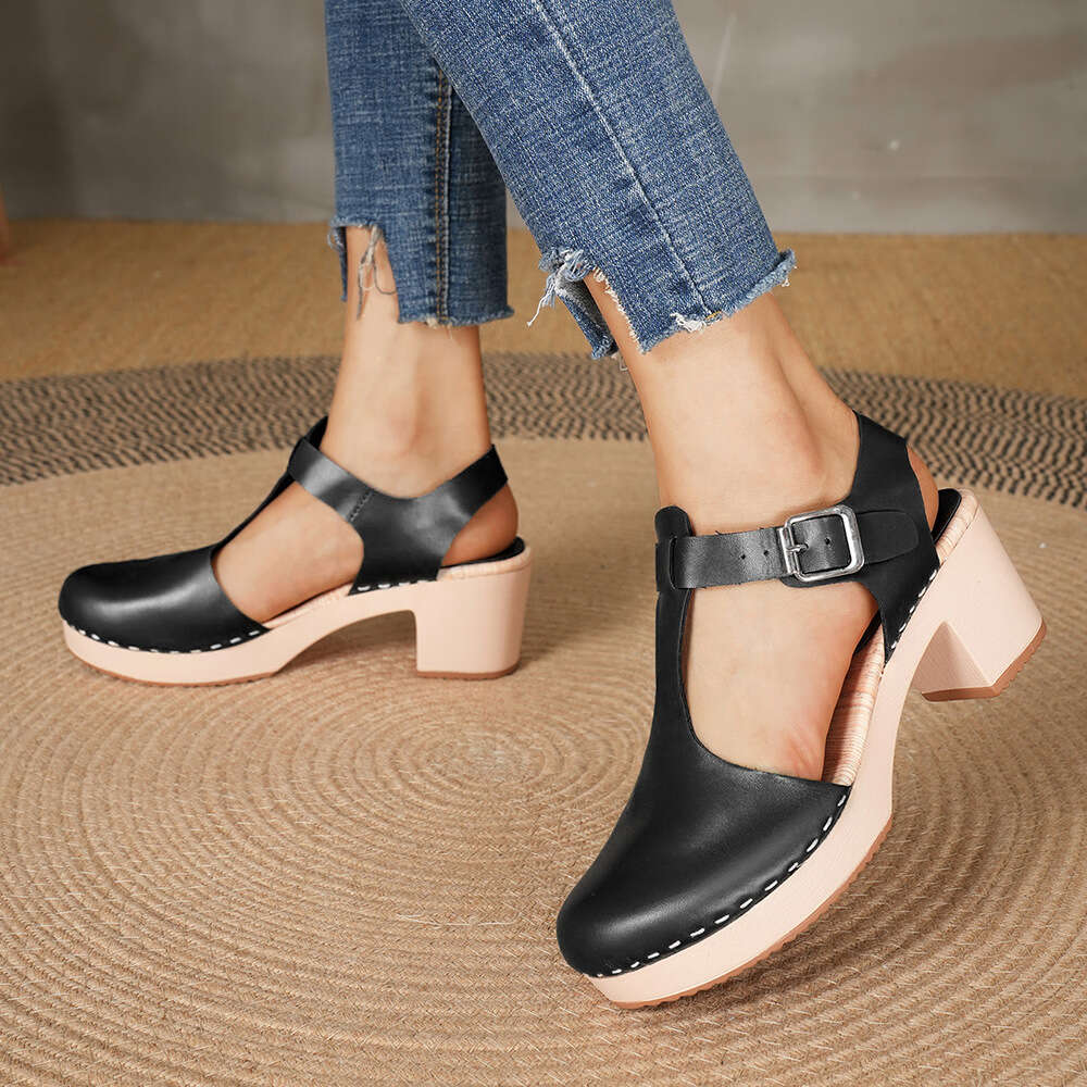 European and American fashion women's shoes, thick heels, high heels, leather surface, T-shaped Roman holiday style, baotou sandals for women ddm