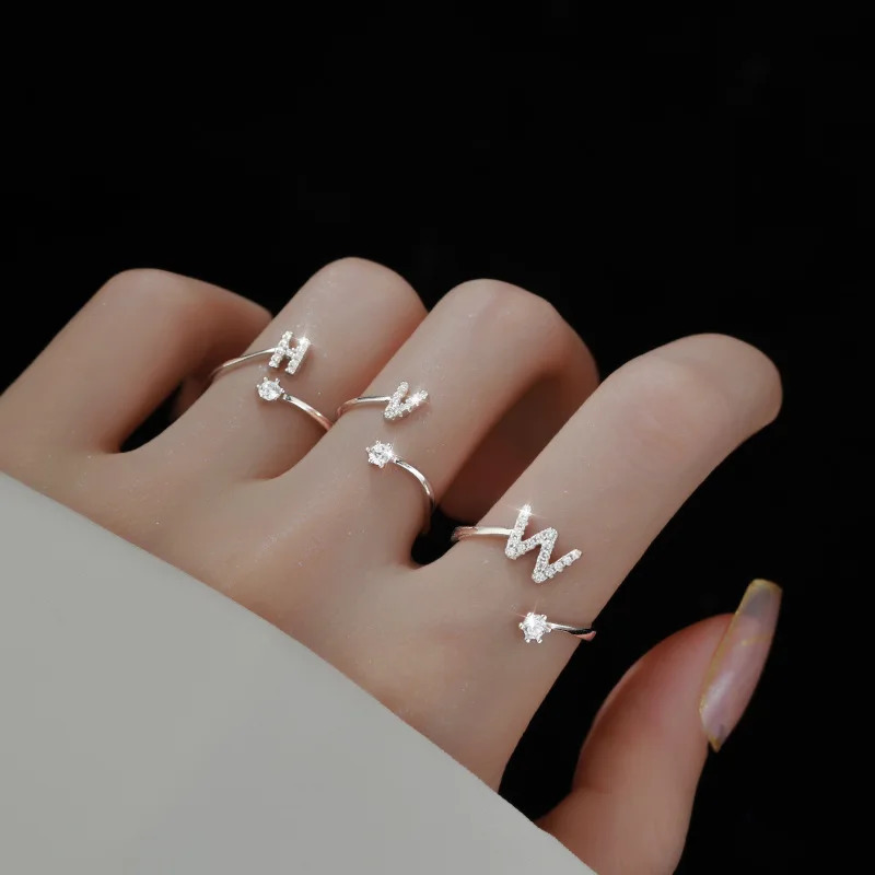 Fashion 925 Sterling Silver 26 Letter Ring Sparkling Diamond Zircon Open Index Finger Your Name Birthday Party Jewelry 241031