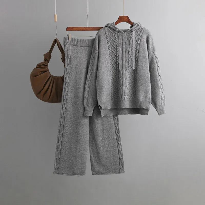 Womens Winter Knitted Suit Warm Loose Two Piece Sets With Hat Outifits Sweater Oversize Casual Knitwear Autumn Suits 241031