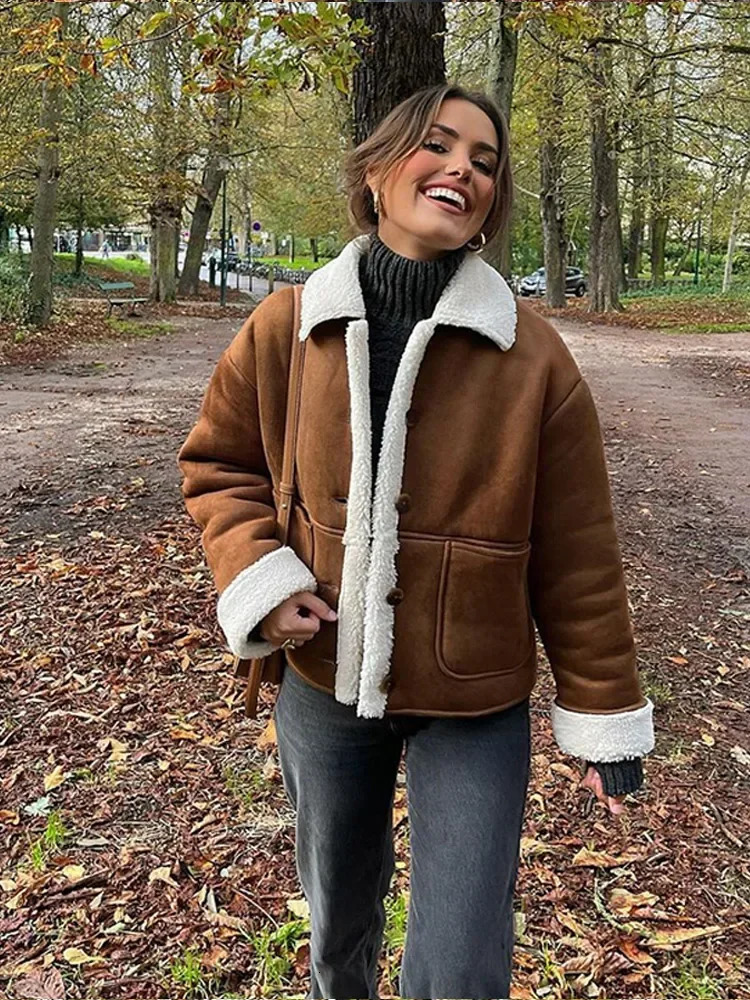 Womens caramel cashmere patch work suede coat retro single chest long sleeved pocket jacket winter thick warm womens coat 241031