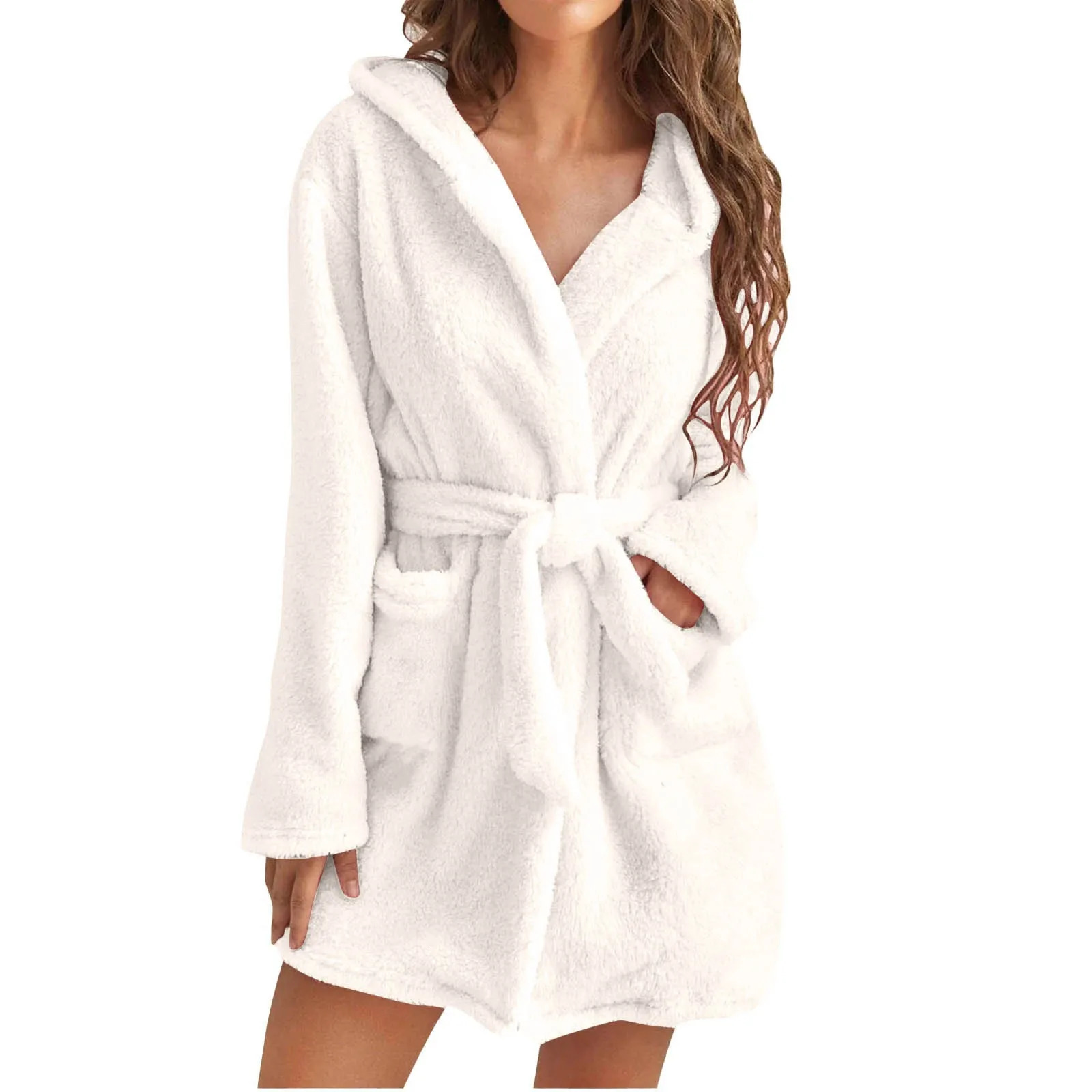 Womens Bathrobe Winter Fluffy Plush Pajama Womens Sexy Hooded Dress Solid Color Dress Warm Bathroom Womens Home Clothing 241031