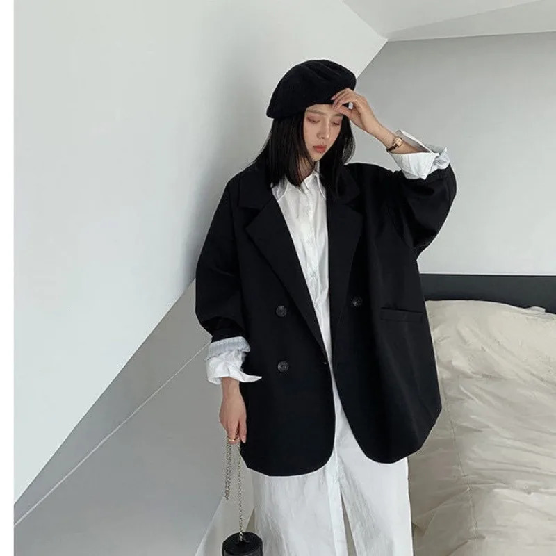 Oversize Blazers Women Long Sleeve Black Suit Streetwear Korean Chic Loose Jacket Spring Autumn Coat Doublebreasted Tweed 240318