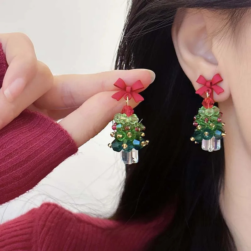 Christmas Tree Dangle Earrings for Women Exquisite Cute Red Bow Earring Shiny Ear Accessories Trendy Festival Jewelry 241031