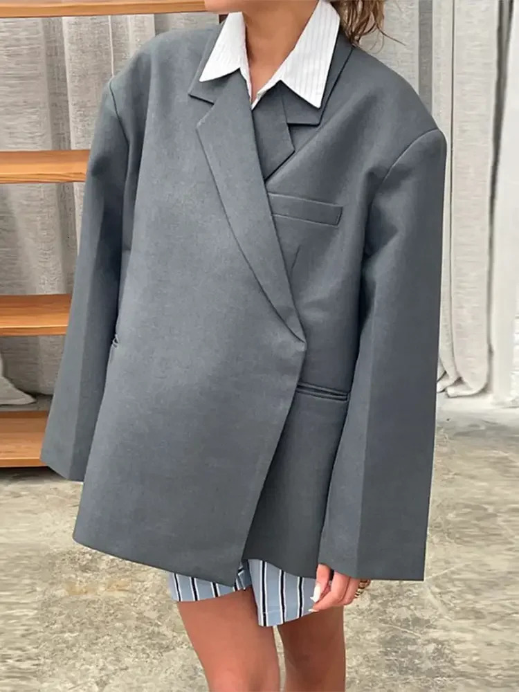 Women Chic Lapel Side Slit Suit Jacket Casual Loose Long Sleeve Hidden Buckle Blazer 2024 Autumn Female High Street Outerwear 241024