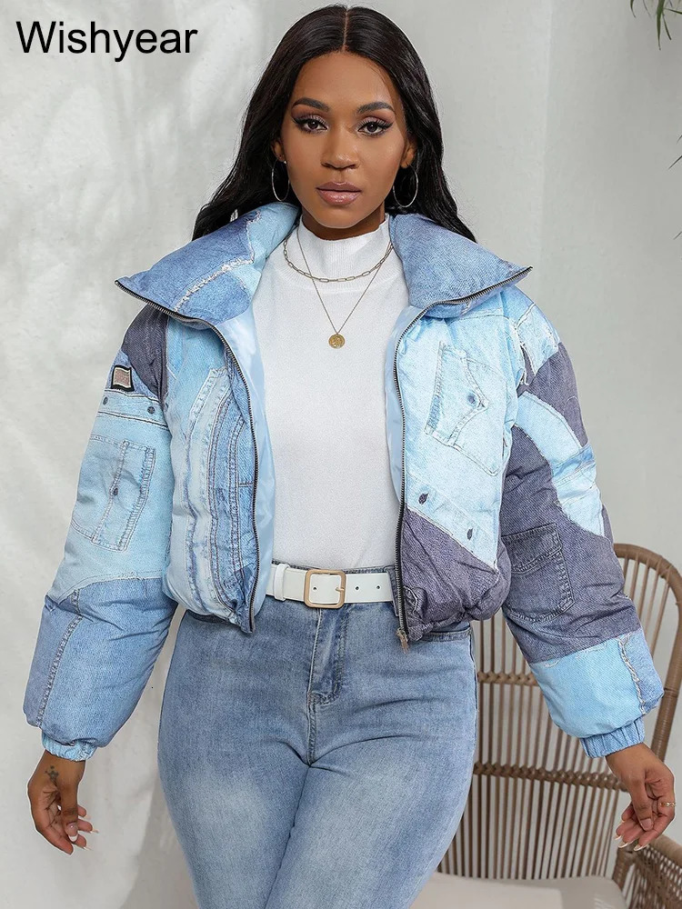 Fashion Winter Warm Stand Collar Long Sleeve Zipper Short Cotton Padded Jackets Women Club Tops Streetwear Printed Parkas Coats 241031