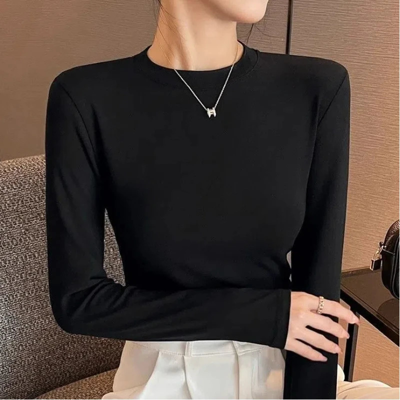 Spring/Summer Womens Splicing Pulling O-neck Fashion Solid Color Weight Loss Minimalist Casual Long Sleeve Top 241031