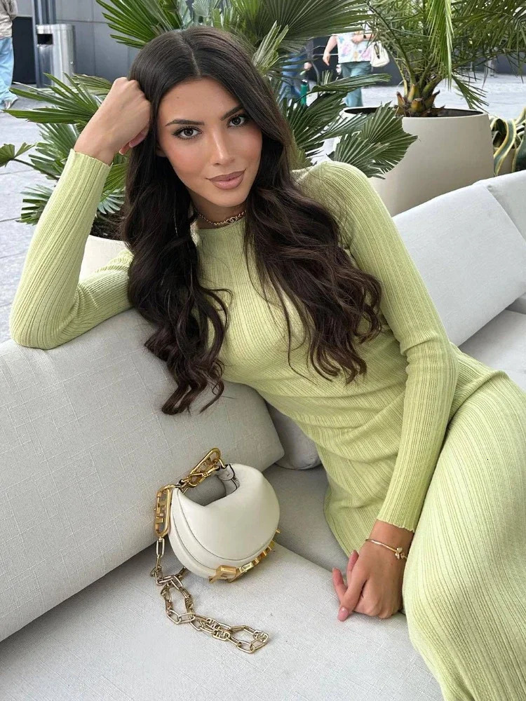 Autumn Long Sleeve Knitted Maxi Dress Women Elegant Sexy Pit Strip O-Neck Bodycon Evening Party Dresses 2024 Lady Casual Dress 241031