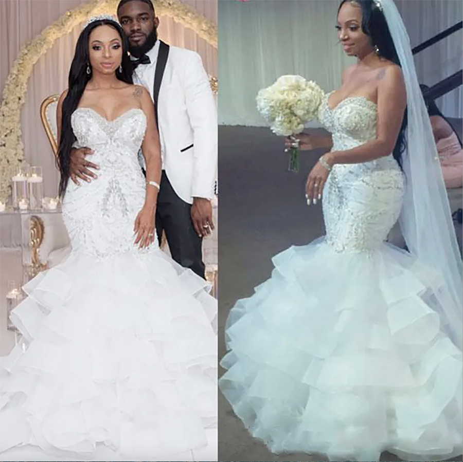 Sexy Mermaid Wedding Dresses Sweetheart Crystal Pearls Beaded Embroidery Ruffled Layered Nigerian Bridal Wedding Gowns