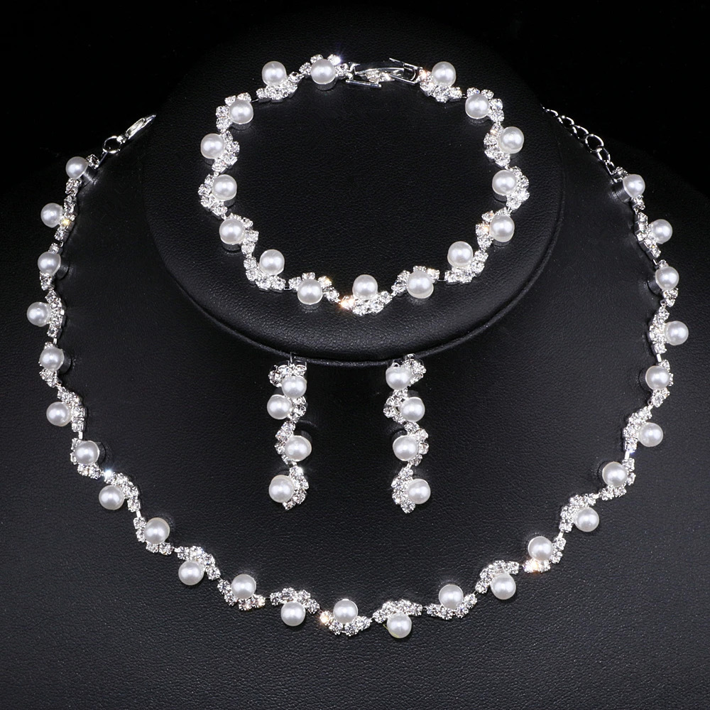 Latest Simulated Pearl Bridal Wedding Jewelry Set Elegant Crystal Necklace Earrings Bracelet Set Womens Party Accessories WX040 241031