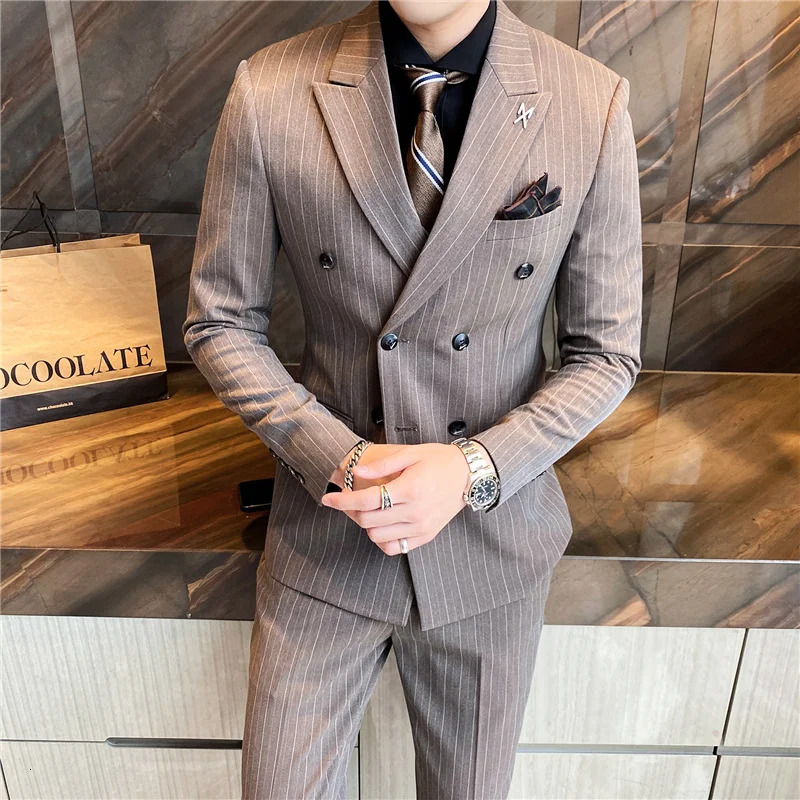 ( Blazer Vest + Pants ) Fashion Striped Formal Business Double-Breasted Men's Casual Suit Groom's Wedding Dress Party Tuxedo