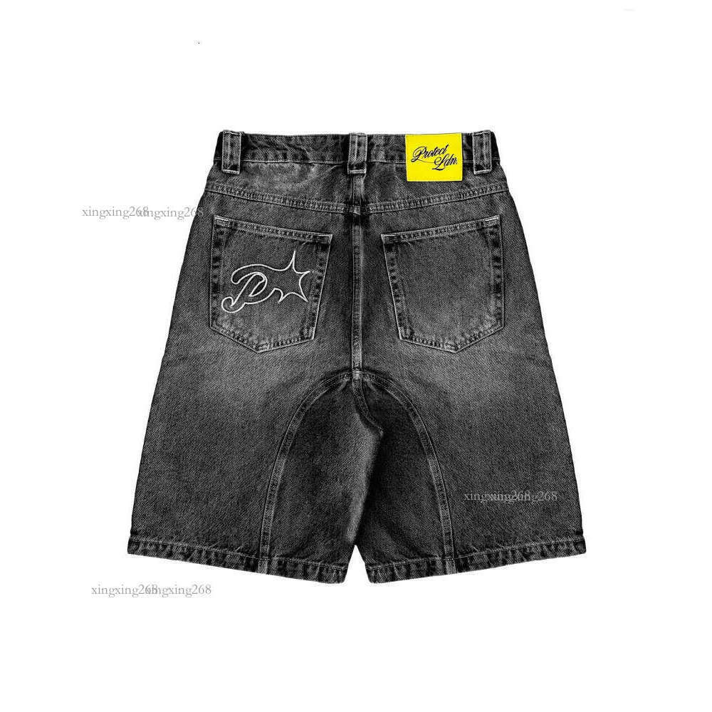 Men's Pants Shorts Harajuku Hip Hop Letters Embroidery Vintage Blue Baggy Jeans Denim Gym High Waist Mens Basketball Jorts