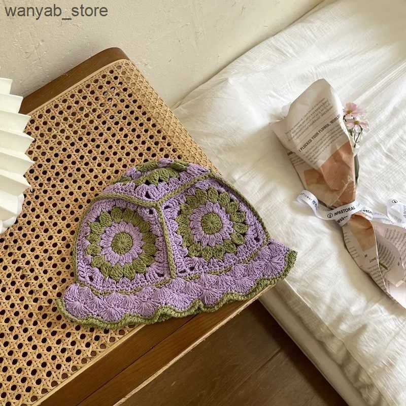Wide Brim Hats Bucket Hats Women Hollow Flower Knitted Fisherman Hat Handmade Crochet Matching Basin Hat Spring Summer Sunscreen Sun Hats Female Panam