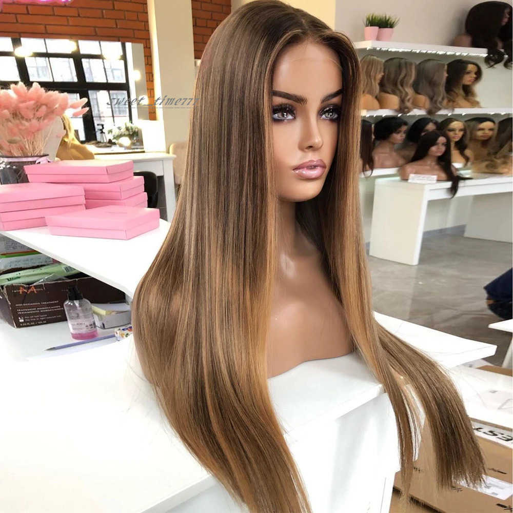 Peruvian Hair Light Brown Blonde Full Lace Front Human Hair Wigs Highlight HD Lace Frontal Wigs 180% Cheap Virgin Hair Silky Straight Wigs for Women